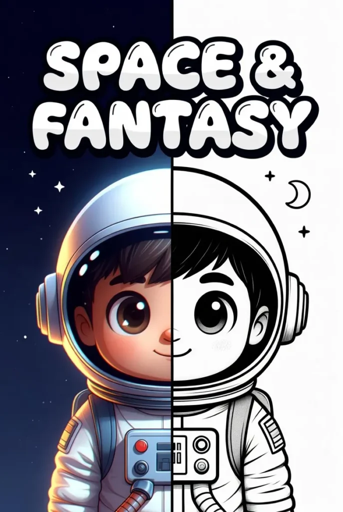 Split image of a kid astronaut in color on the left and a black and white astronaut coloring outline on the right with stars and moon
