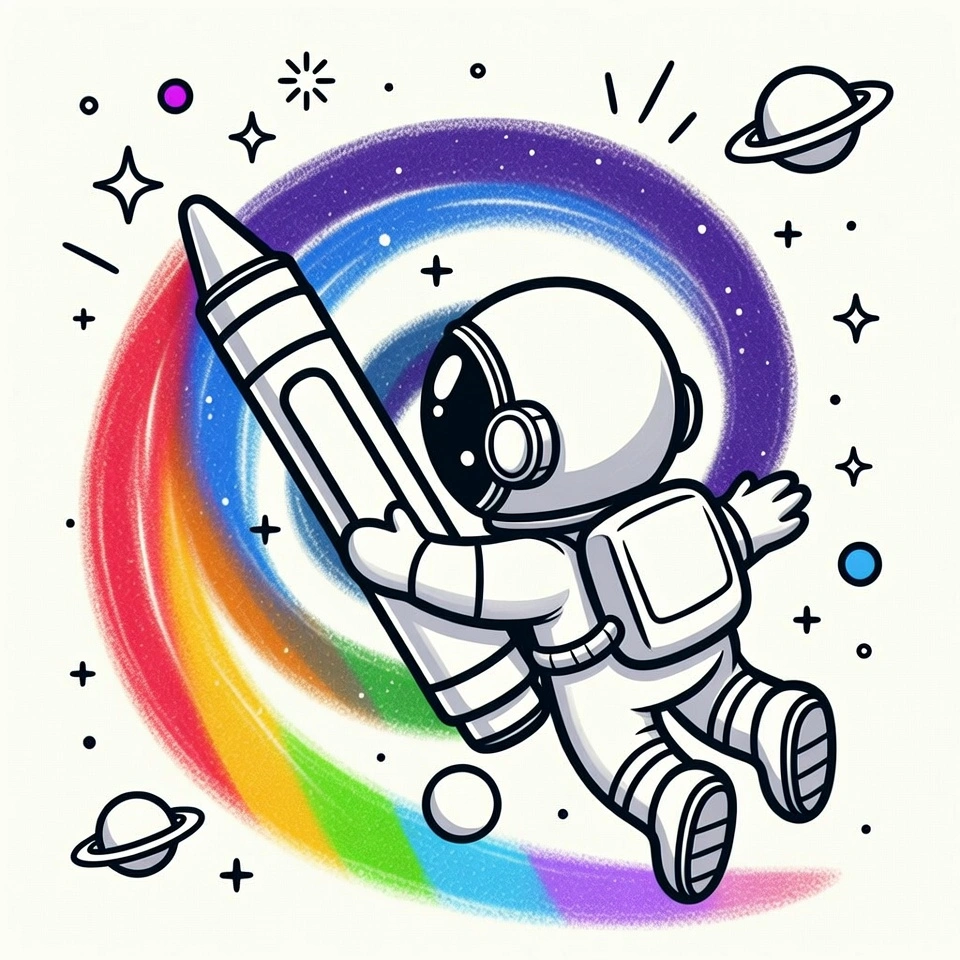 Cute astronaut holding a giant crayon drawing a rainbow swirl in space with stars and planets