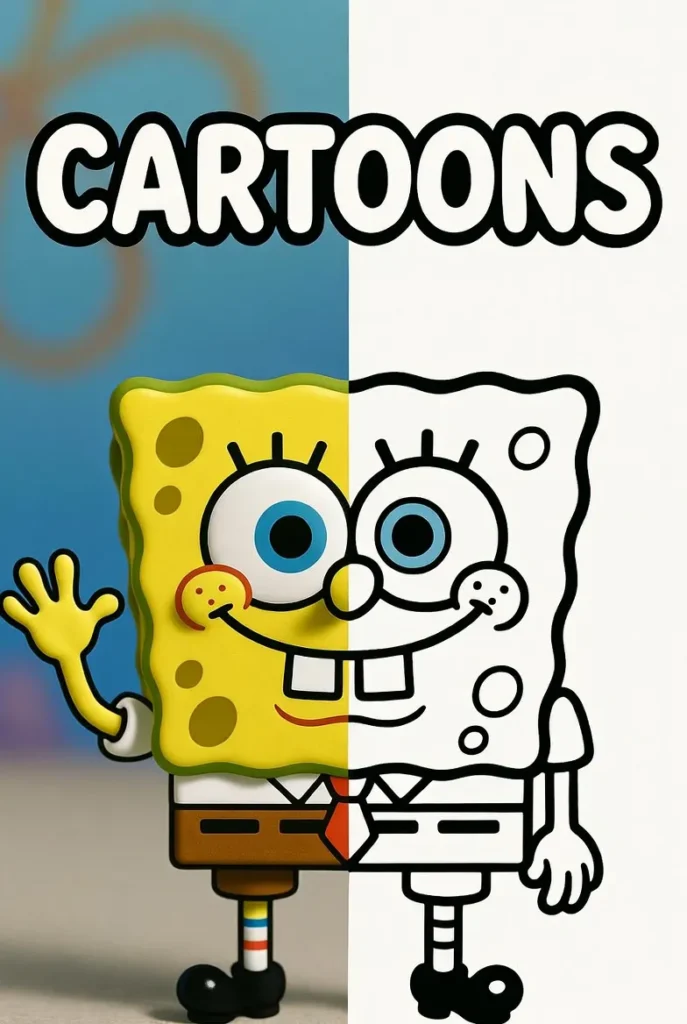 Split image showing a cute yellow sponge cartoon character in color on the left and black and white coloring outline on the right