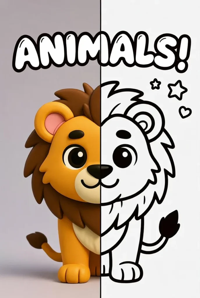 Split image of a cute lion in color on the left and a black and white lion coloring outline on the right with small stars and hearts
