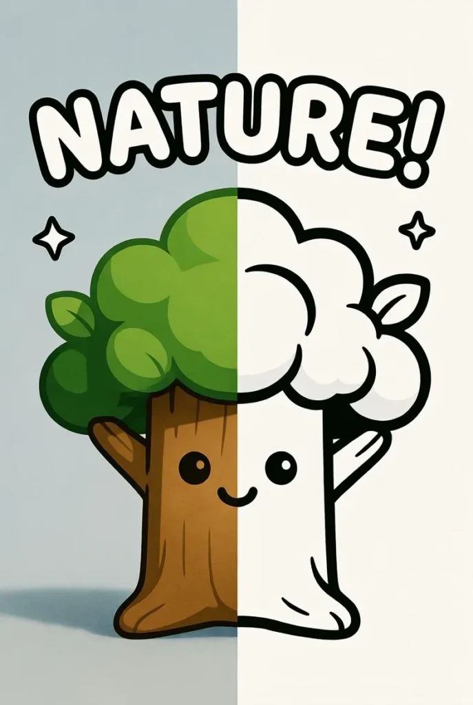 Split image of a smiling cartoon tree in color on the left and a black and white tree coloring outline on the right