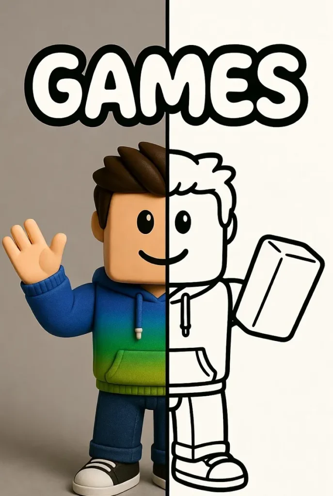 Split image of a cute kid waving in color on the left and a black and white coloring outline on the right holding a game controller